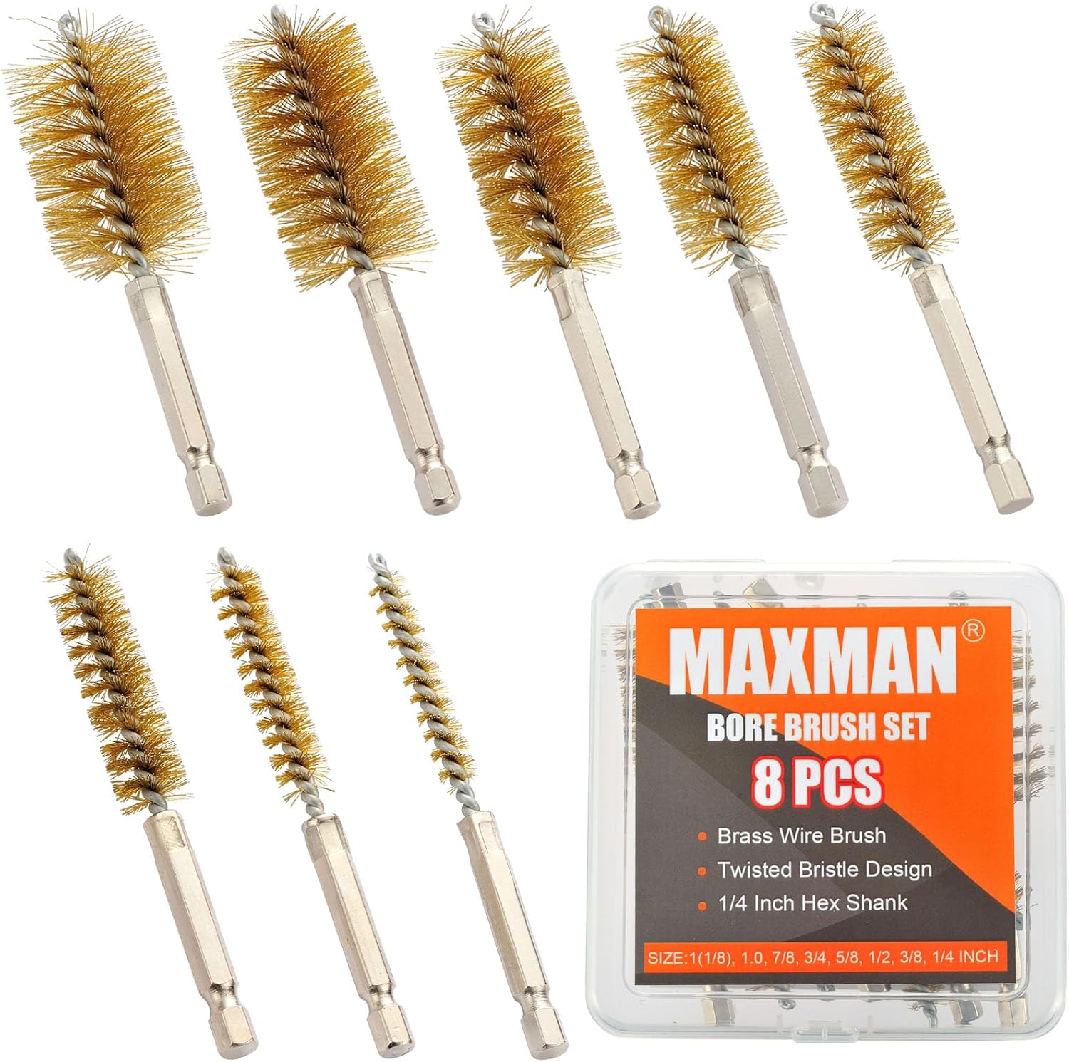 MAXMAN Bore Brush Set, 8pcs Brass Wire Brush for Drill, Durable Metal Bristles Twisted, 8 Size Set Multiple Diameter Options, 1/4 Inch Hex Shank, for Power Drill Impact Driver & Tube Cleaning