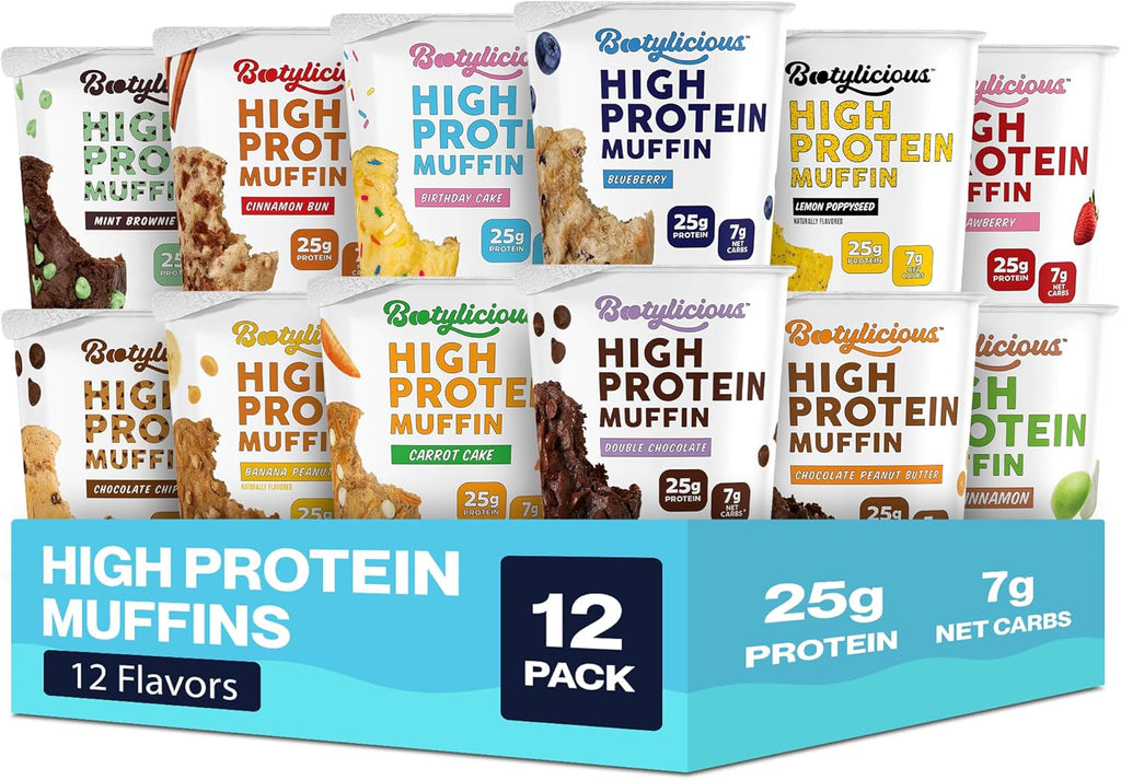 Bootylicious | 25g Protein Muffin | Ultimate Variety | Low Carb, 16g-18g Fiber, Low Glycimic Index, Low Sugar, 2.32-2.75oz Cup, 12-Pack
