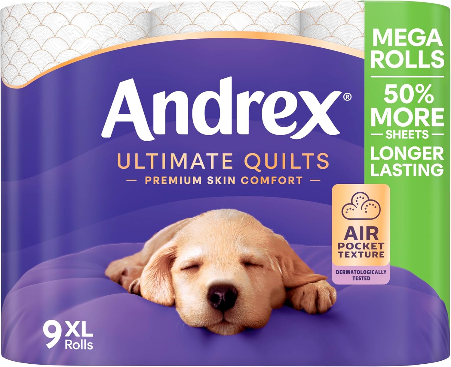 Andrex Ultimate Quilts Toilet Tissue 9 Mega Rolls, Air Pocket Technology for Soft, Thick Sheets (Previously Andrex Supreme Quilts) 9 Mega Toilet Rolls