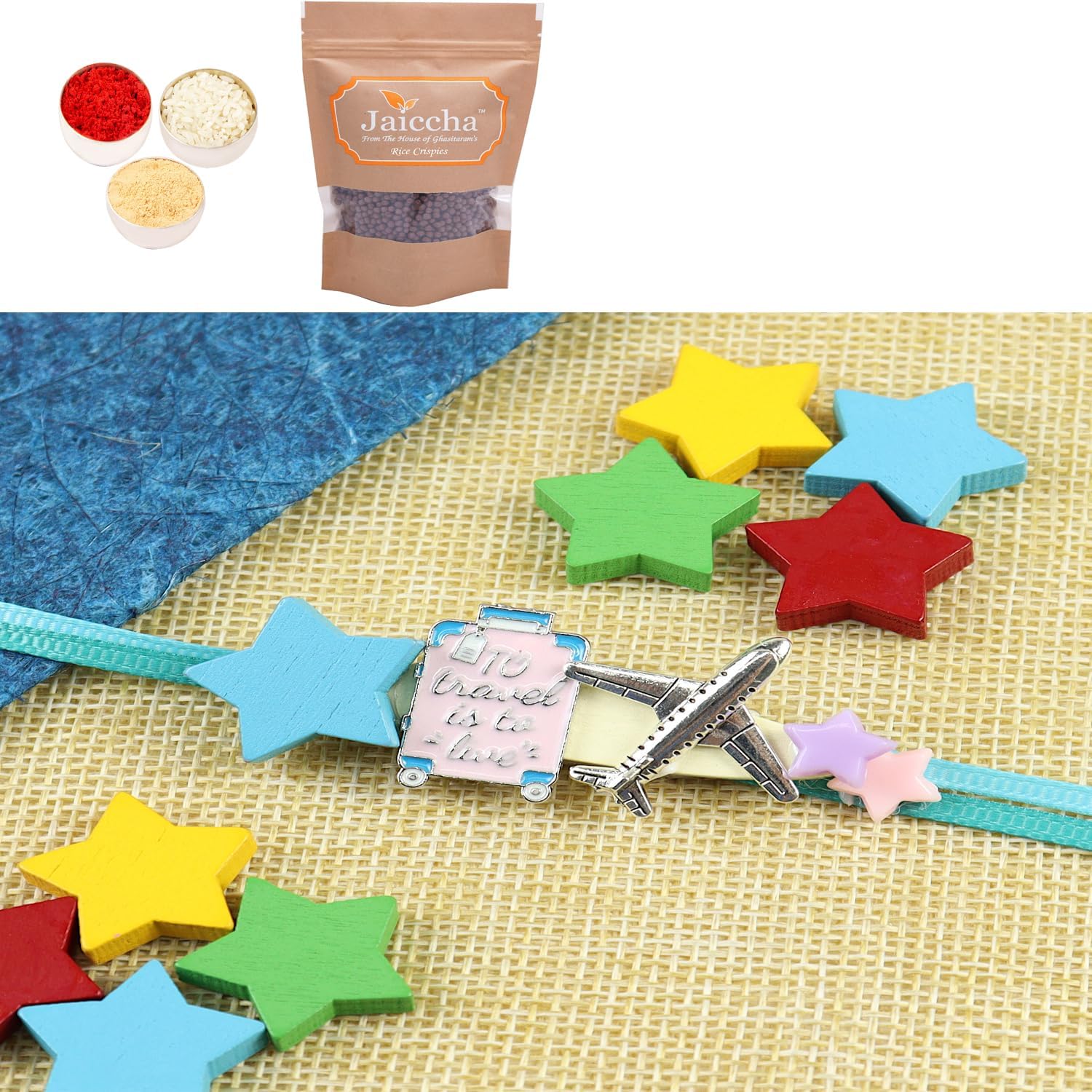 Ghasitaram Gifts Rakhis Gifts for Brothers Rakhis Online - KR25-103- Metal Aeroplane Kids Rakhi with Chocolate Coated Rice Crispies 200 GMS