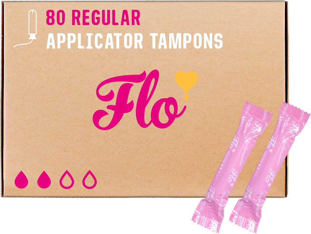 Flo - Organic Cotton Tampons for Women - 80 Pack (80 Regular Tampons) - Leak Proof - No Synthetic Fibers, Chlorine Bleach, or Added Dyes - Bio-Plastic Applicator - Feminine Care - Vegan & Cruelty Free