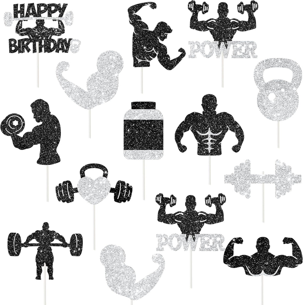 24Pcs Gym Party Cupcake Toppers Glitter Weight Lifting Cupcake Topper Fitness Birthday Party Decorations Gym Workout Cupcake Picks for Gym and Fitness-themed Party Baby Shower Supplies