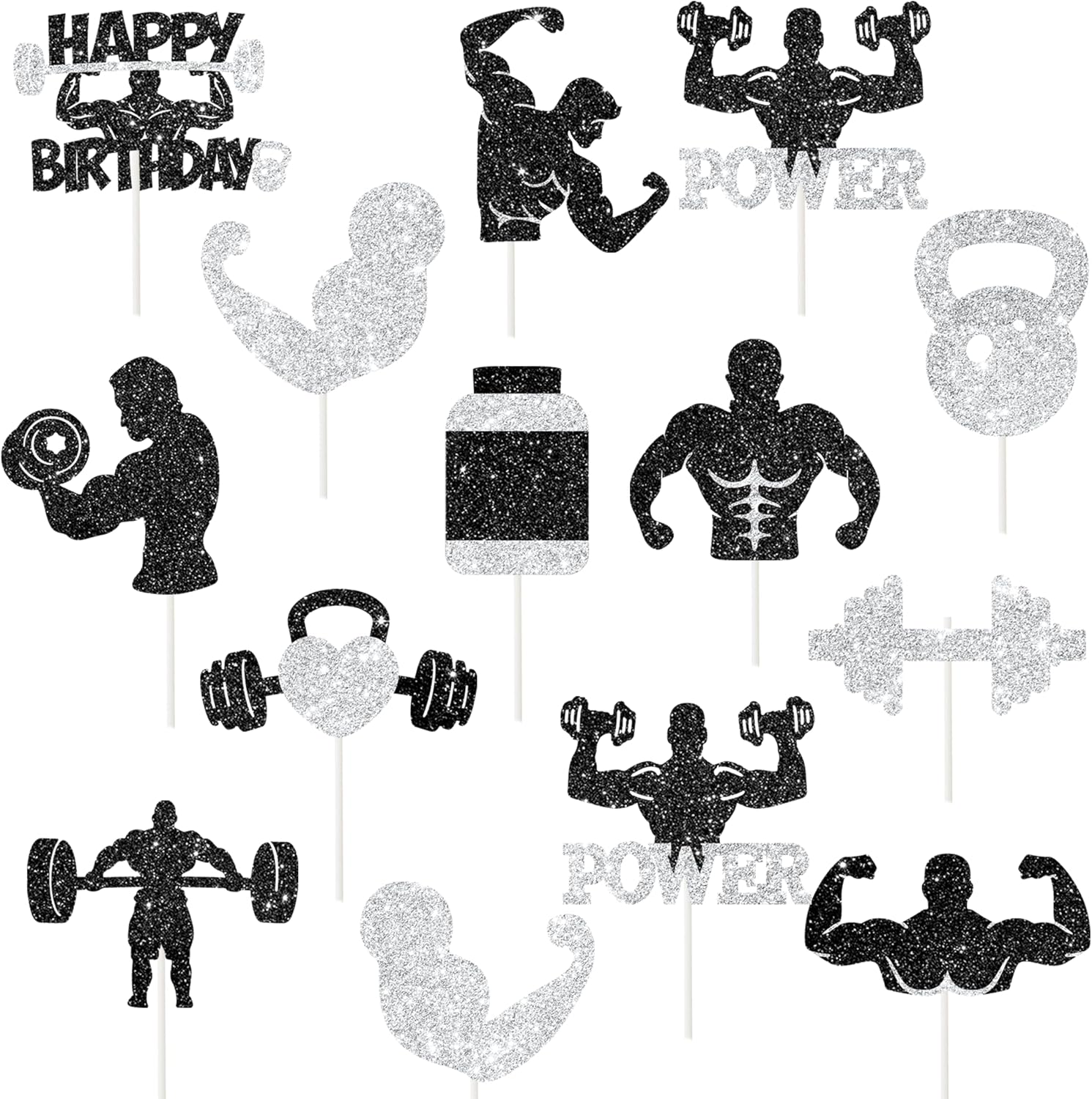 24Pcs Gym Party Cupcake Toppers Glitter Weight Lifting Cupcake Topper Fitness Birthday Party Decorations Gym Workout Cupcake Picks for Gym and Fitness-themed Party Baby Shower Supplies