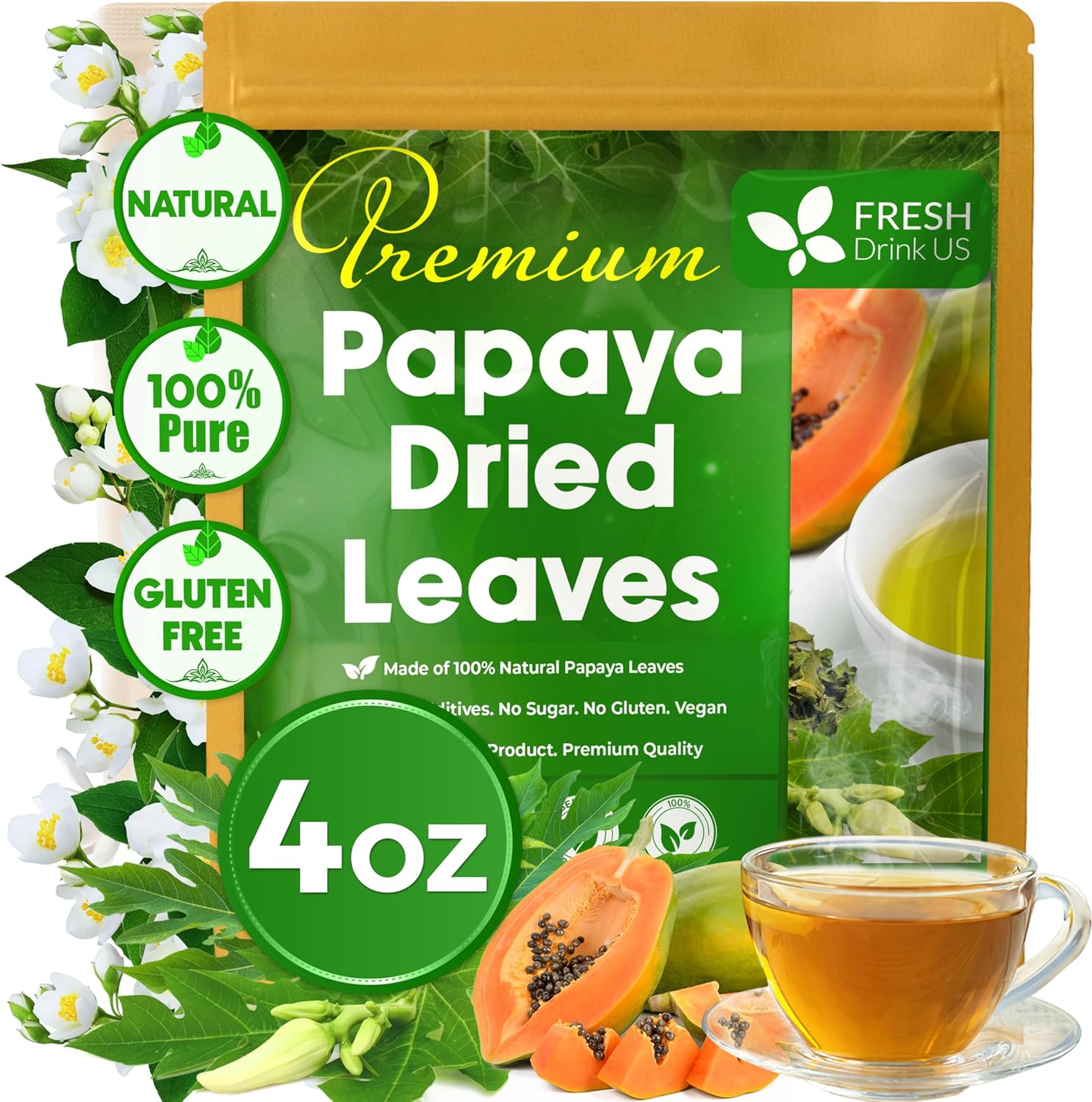 FreshDrinkUS, Premium 4oz Papaya Leaves For Tea, 100% Natural & Pure from Papaya Leaves. Loose Leaf Herbal Tea. Made with Natural Material Tea Bags. No Sugar, No Caffeine, No Gluten, Vegan.
