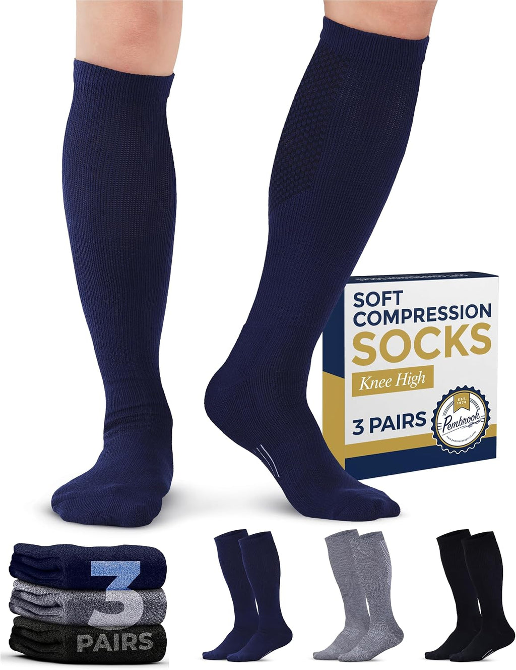 Pembrook Light Compression Socks for Men & Women - 3 Pairs | 8-15 mmhg Compression Dress Socks for Men | Support Socks