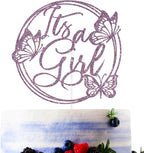 Purple Glitter It's A Girl Cake Topper, Welcome Baby Girl/A Little Butterfly is on the Way, Butterfly Themed Baby Shower Party Decorations Supplies for Baby Girls