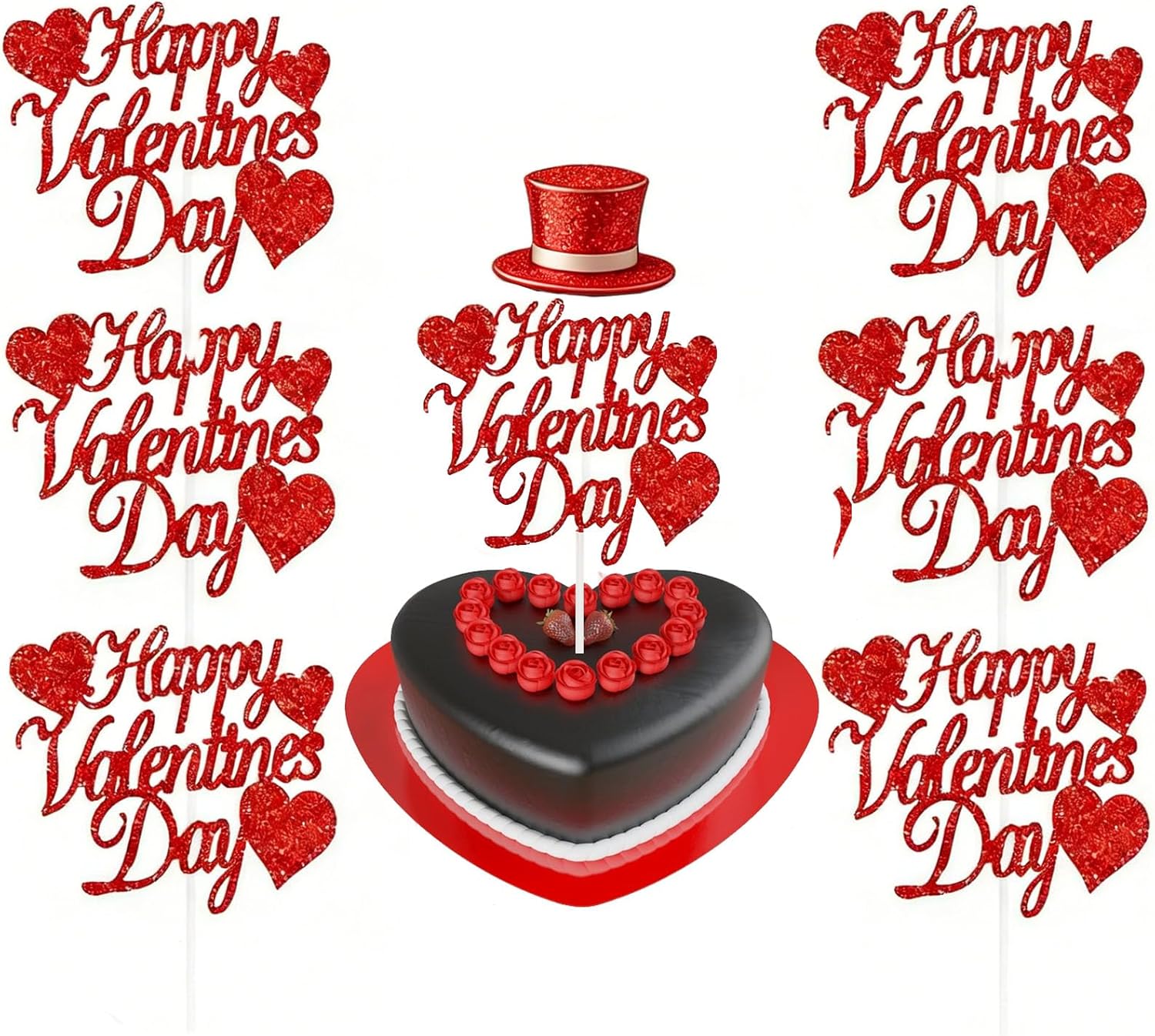 Valentine's Day Cake Toppers with Glitter Red Hearts "Happy Valentine's Day" Message, Cupcake Topper Red Glitter Cake Decoration – Perfect for Romantic Party Desserts-10 Pack