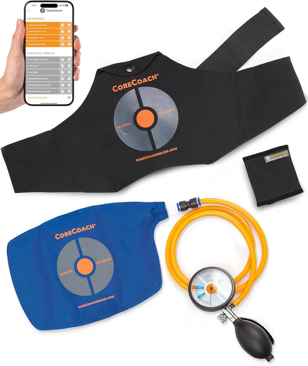 CoreCoach Pressure Biofeedback Device for Home Use - For Core Strength Training & Lower Back Support System with Lumbar Air Pillow, Waist Belt, & Carrying Bag