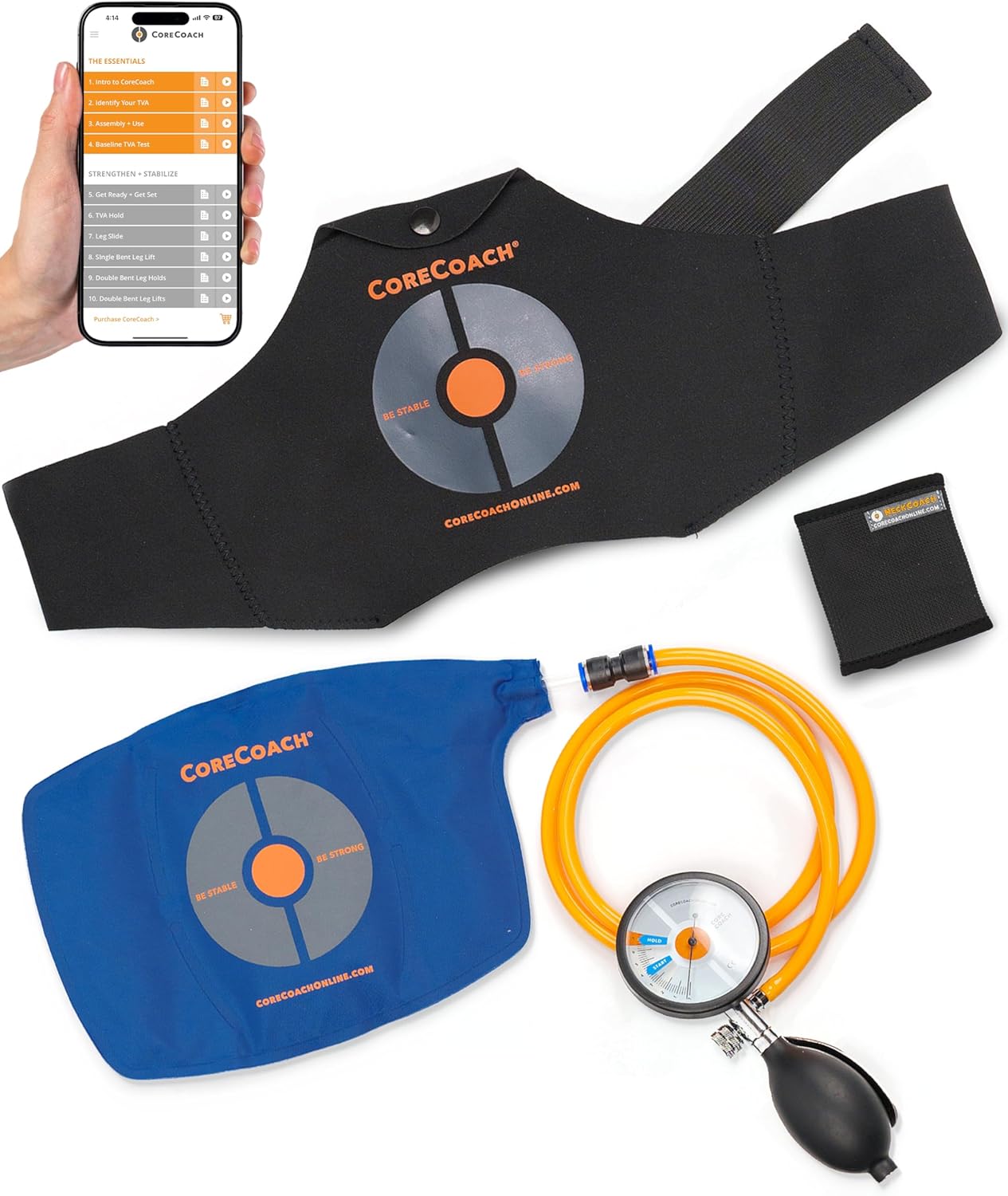 CoreCoach Pressure Biofeedback Device for Home Use - For Core Strength Training & Lower Back Support System with Lumbar Air Pillow, Waist Belt, & Carrying Bag