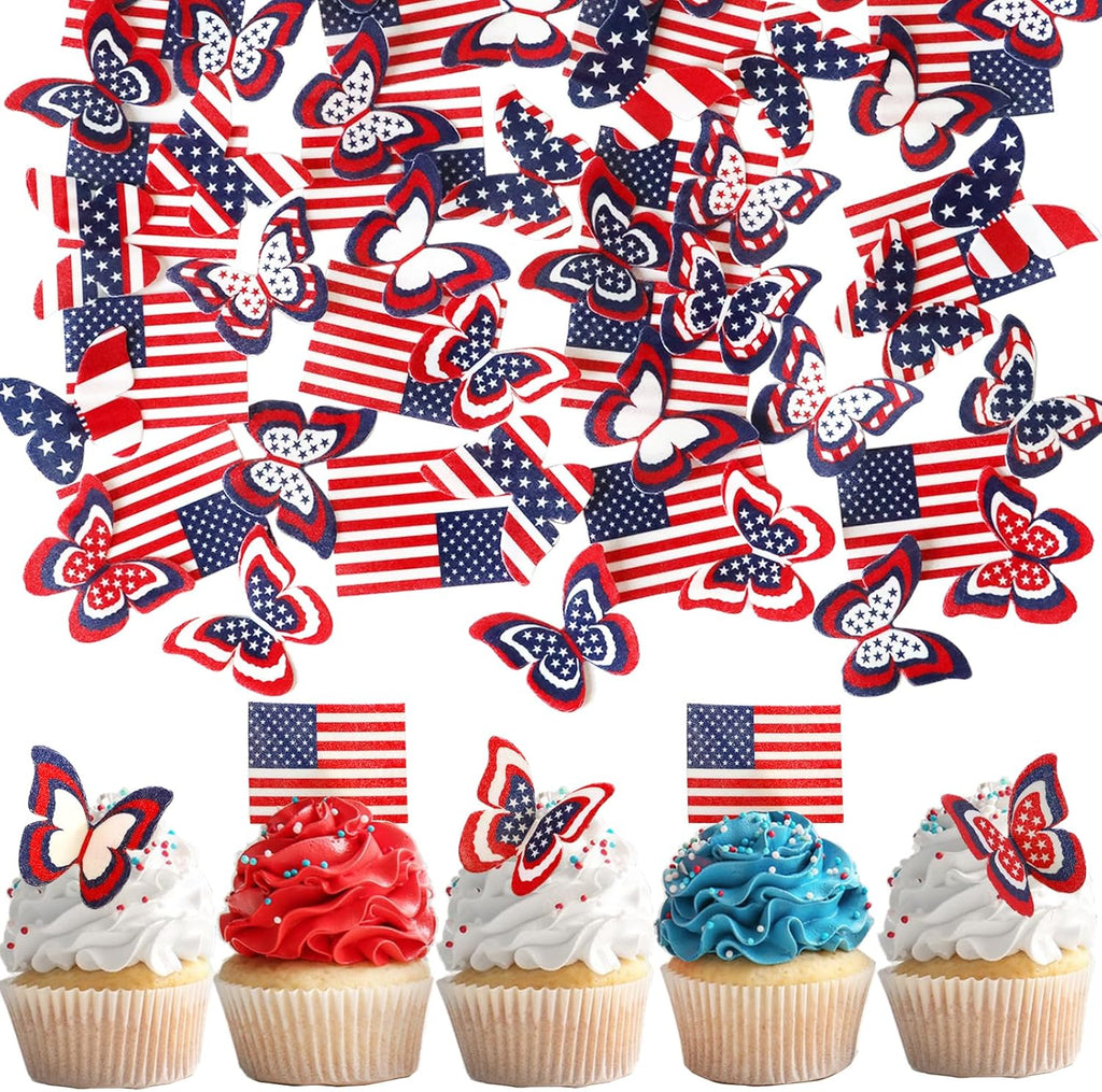 50PCS Edible American Flag Butterfly Cake Decorations Patriotic Wafer Cupcakes Toppers for 4th of July, Independence Day Parties & Birthday Celebrations