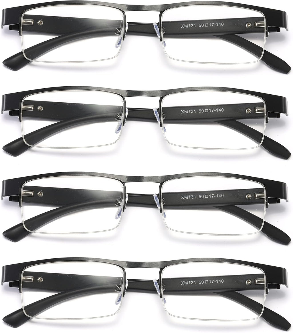 B&Q 4 Pack Metal Frame Half Frame Reading Glasses for Men Spring Hinge Readers With Classic Clear Lense