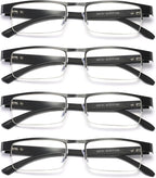 B&Q 4 Pack Metal Frame Half Frame Reading Glasses for Men Spring Hinge Readers With Classic Clear Lense
