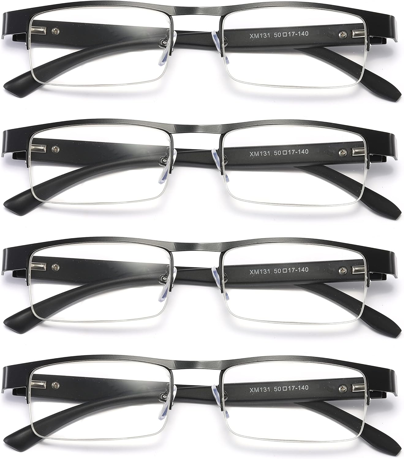 B&Q 4 Pack Metal Frame Half Frame Reading Glasses for Men Spring Hinge Readers With Classic Clear Lense