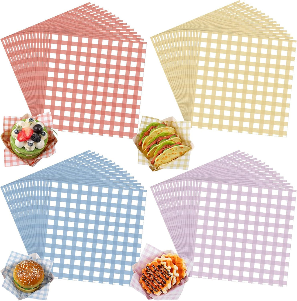 Honeydak 200 Pcs Checkered Wax Paper Sheets 7 x 7 Inch Variety Pack Checkered Deli Paper Sheets Food Basket Liners for Sandwich Burger Greaseproof Food Wrapping, Outdoor Picnic Disposable Serving