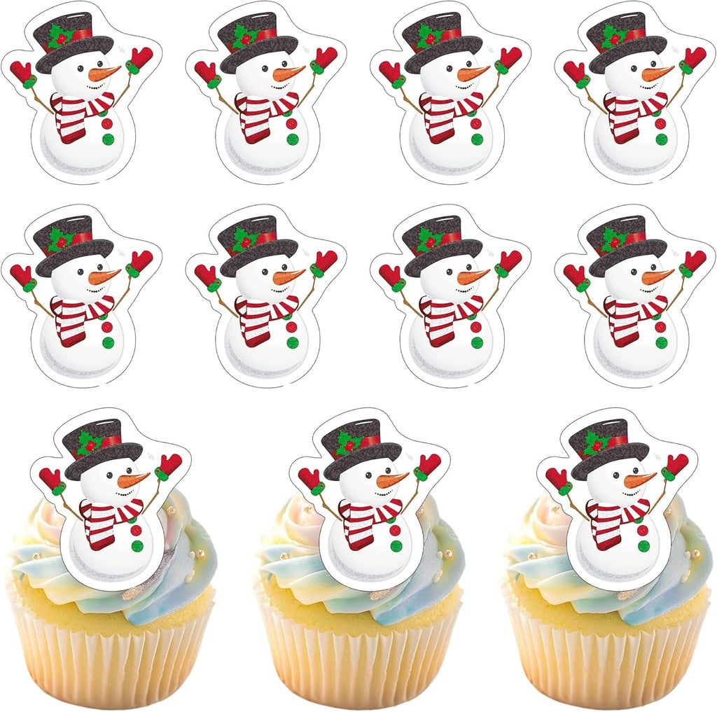 50 PCS Edible Christmas Snowman Cupcake Toppers Edible Xmas Themed Cake Toppers Wafer Paper Snowman Decorations for Christmas Theme Baby Shower Kids Birthday Holiday Party Cake Decorations Supplies
