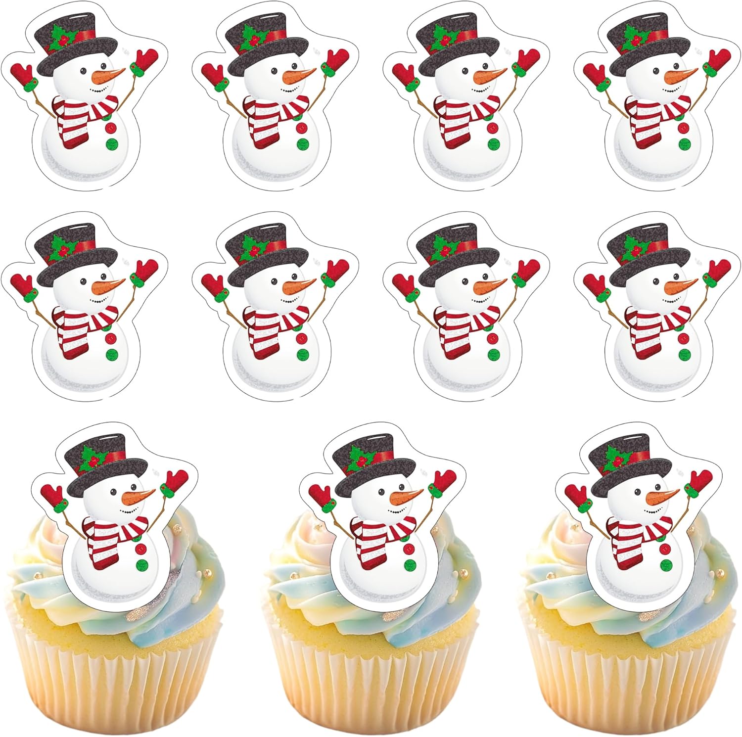 50 PCS Edible Christmas Snowman Cupcake Toppers Edible Xmas Themed Cake Toppers Wafer Paper Snowman Decorations for Christmas Theme Baby Shower Kids Birthday Holiday Party Cake Decorations Supplies