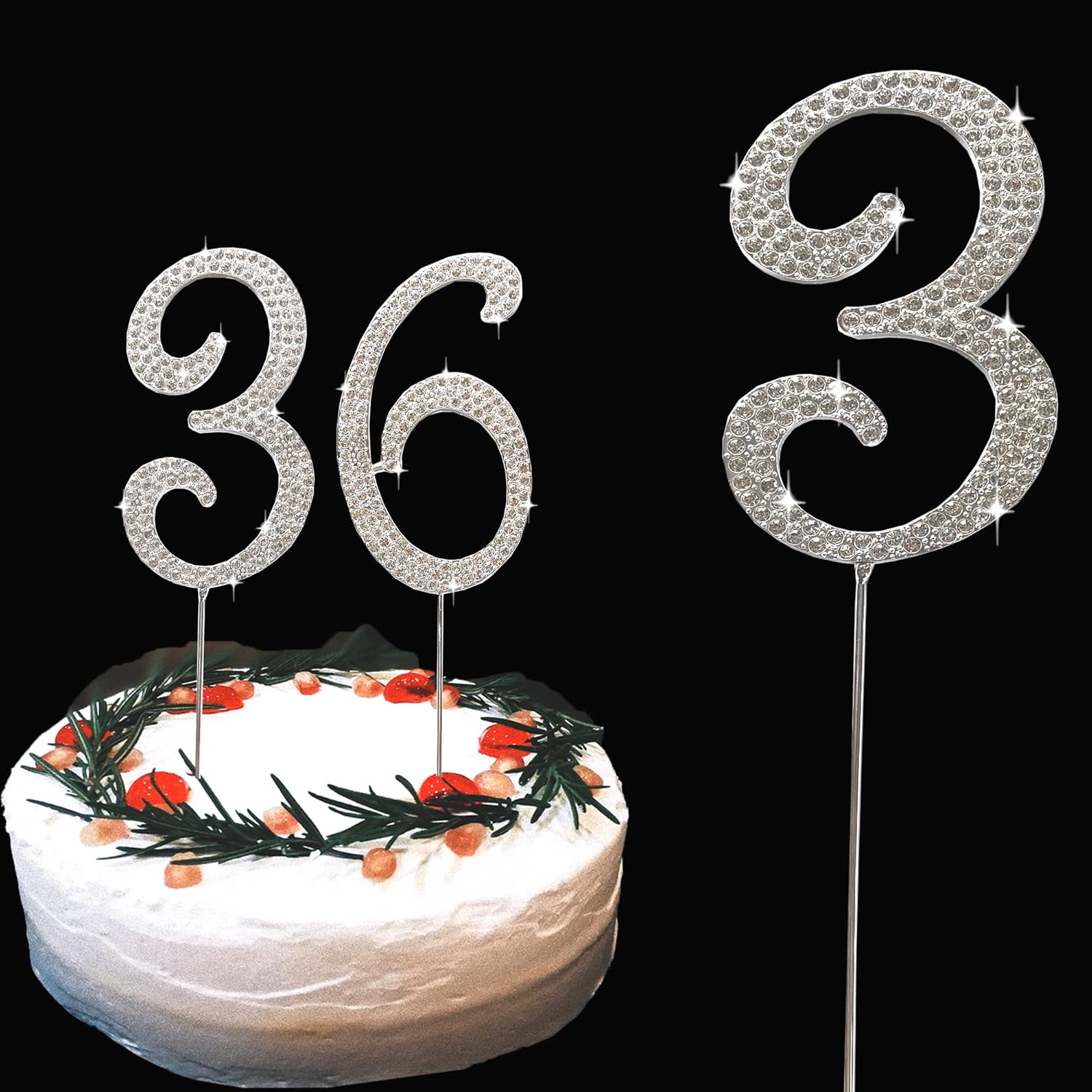 Cake Topper Silver Metal Number 3, Diamond Cake Decoration with Sparkle Rhinestone for Birthday Wedding Anniversary Party