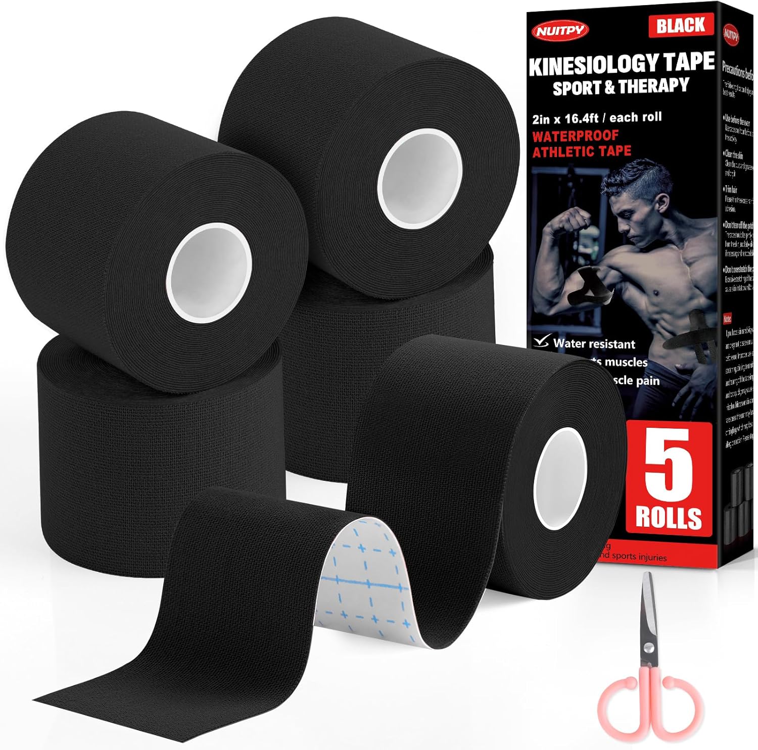 5 Rolls Kinesiology Tape, 2 inch x 16.4 Feet Waterproof Athletic Tape, Uncut Kinetic Tape, Muscle Tape, Sports Tape, Knee Tape for Exercise and Daily Use - Black