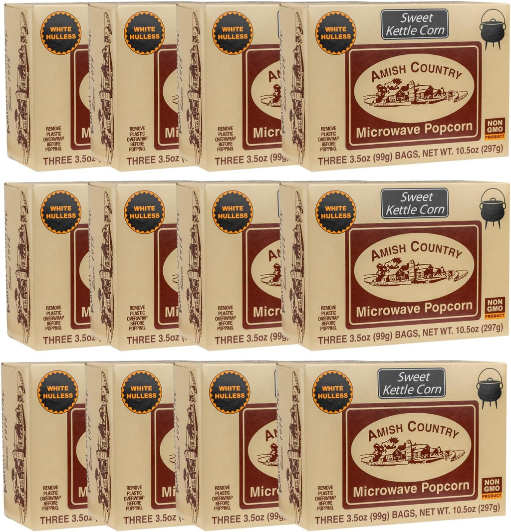 Amish Country Popcorn | Old Fashioned Microwave Popcorn | Non-GMO, Gluten Free, Microwaveable and Kosher (Sweet Kettle White Hulless, 36 Bags)