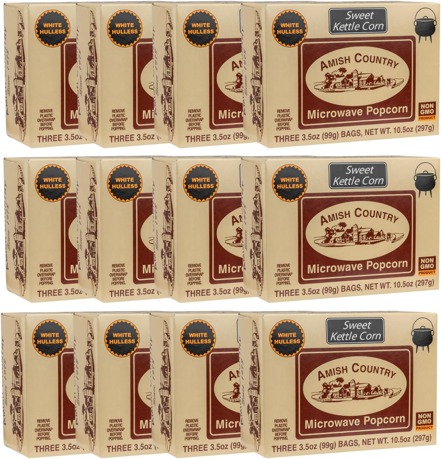 Amish Country Popcorn | Old Fashioned Microwave Popcorn | Non-GMO, Gluten Free, Microwaveable and Kosher (Sweet Kettle White Hulless, 36 Bags)