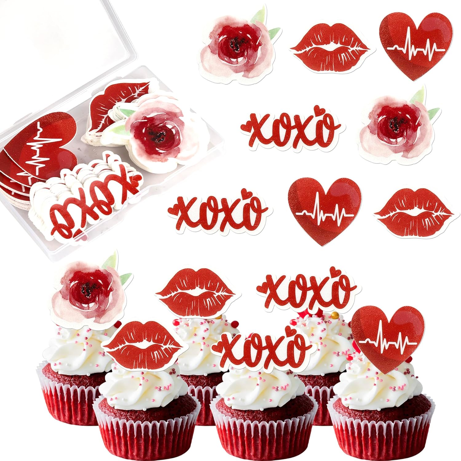 Rsstarxi 60 Pack Happy Valentine's Day Edible Cupcake Toppers Wafer Paper Lips Love Heart Cupcake Picks Red Rose Sweet Love Cake Decorations for Wedding Valentine's Day Party Supplies