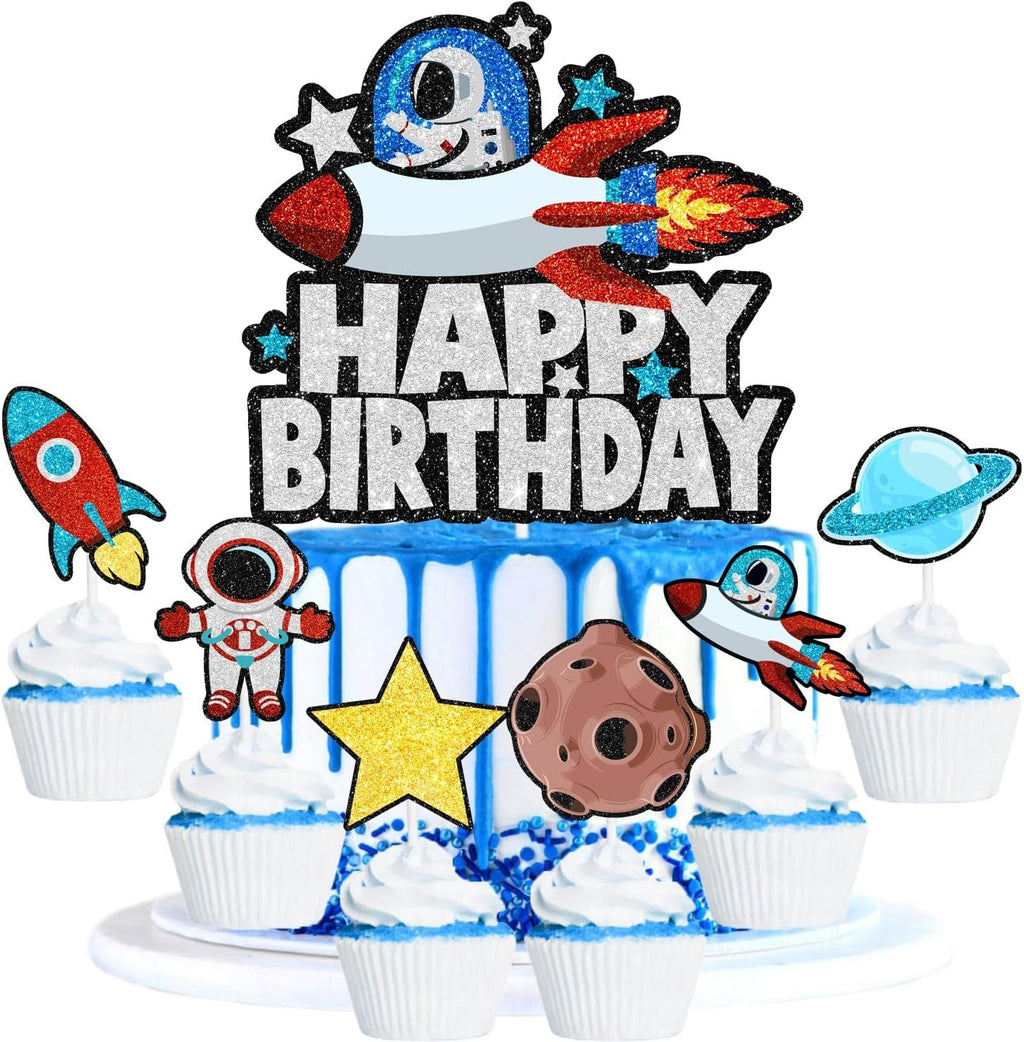 7PCS Astronaut Happy Birthday Cake Topper-There are planet spaceships suitable as decorations for outer space themed parties, cosmic themed birthday party and baby showers for boy or girl.-SugarGera