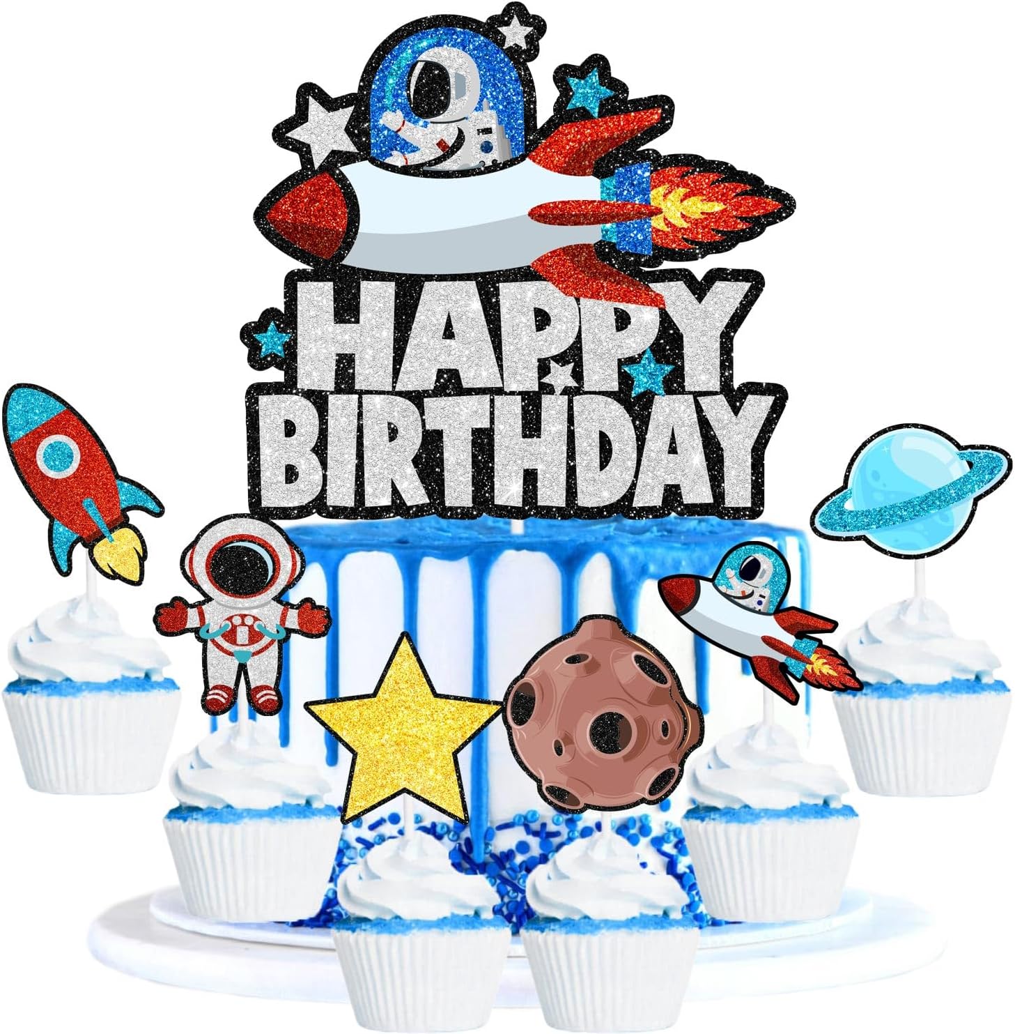 7PCS Astronaut Happy Birthday Cake Topper-There are planet spaceships suitable as decorations for outer space themed parties, cosmic themed birthday party and baby showers for boy or girl.-SugarGera