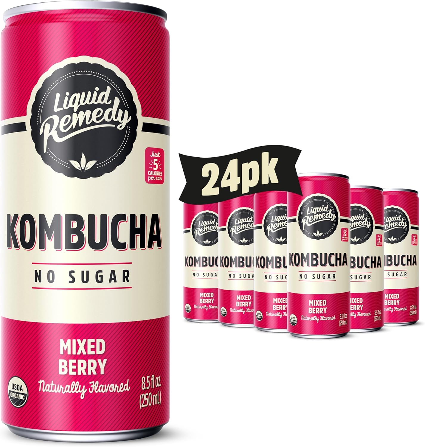Liquid Remedy Kombucha Sugar Free Organic Drink, Low Calorie, Probiotic Like Tea for Gut Health - Mixed Berry - 8.5 Fl Oz Can, 24-Pack