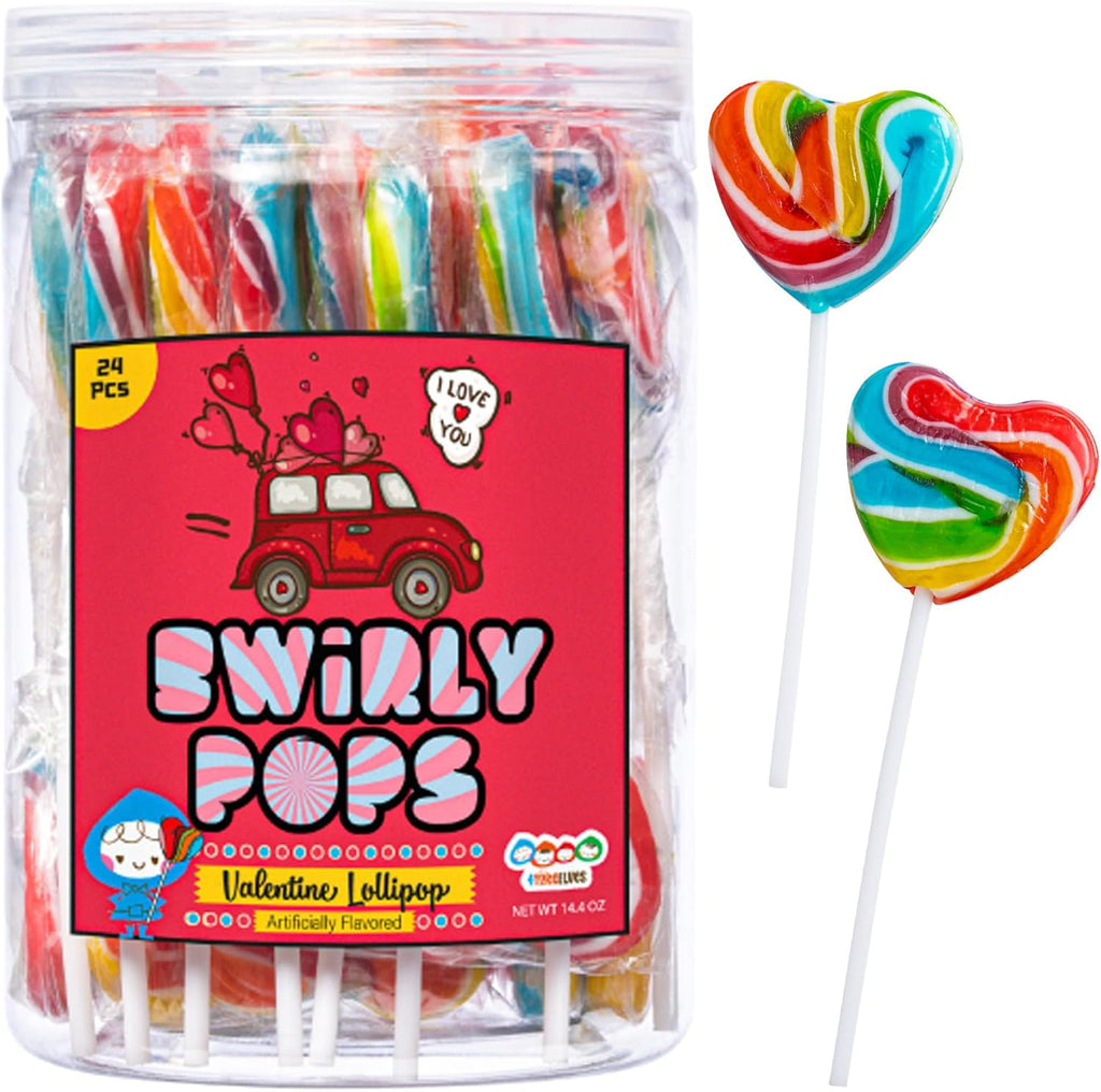 24 Heart Rainbow Lollipops Individually Wrapped, Bursting with Fruity Flavor, Great Swirl Lollipops for Kids Birthday Parties, Valentines Lollipop Party Favors and Cake Toppers, By 4YoreElves (Pack of 24)