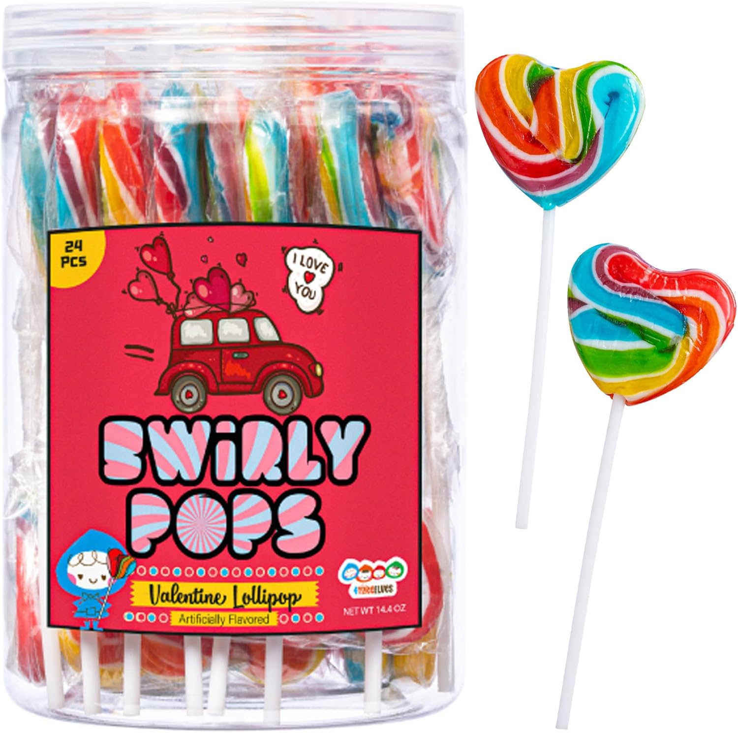 24 Heart Rainbow Lollipops Individually Wrapped, Bursting with Fruity Flavor, Great Swirl Lollipops for Kids Birthday Parties, Valentines Lollipop Party Favors and Cake Toppers, By 4YoreElves (Pack of 24)