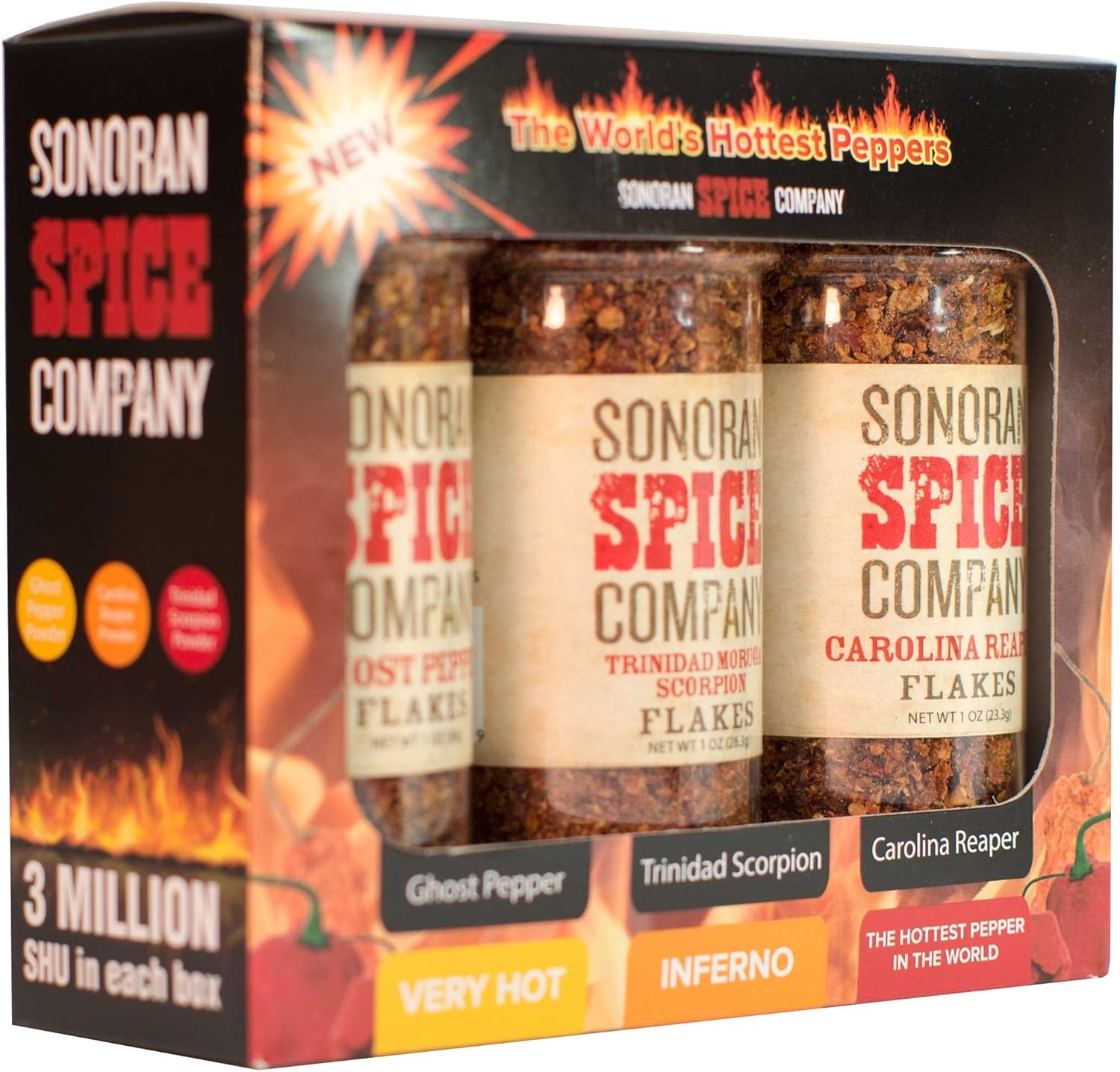 Sonoran Spice Carolina Reaper, Trinidad Scorpion, Ghost Pepper 1 Oz Flakes Gift Box