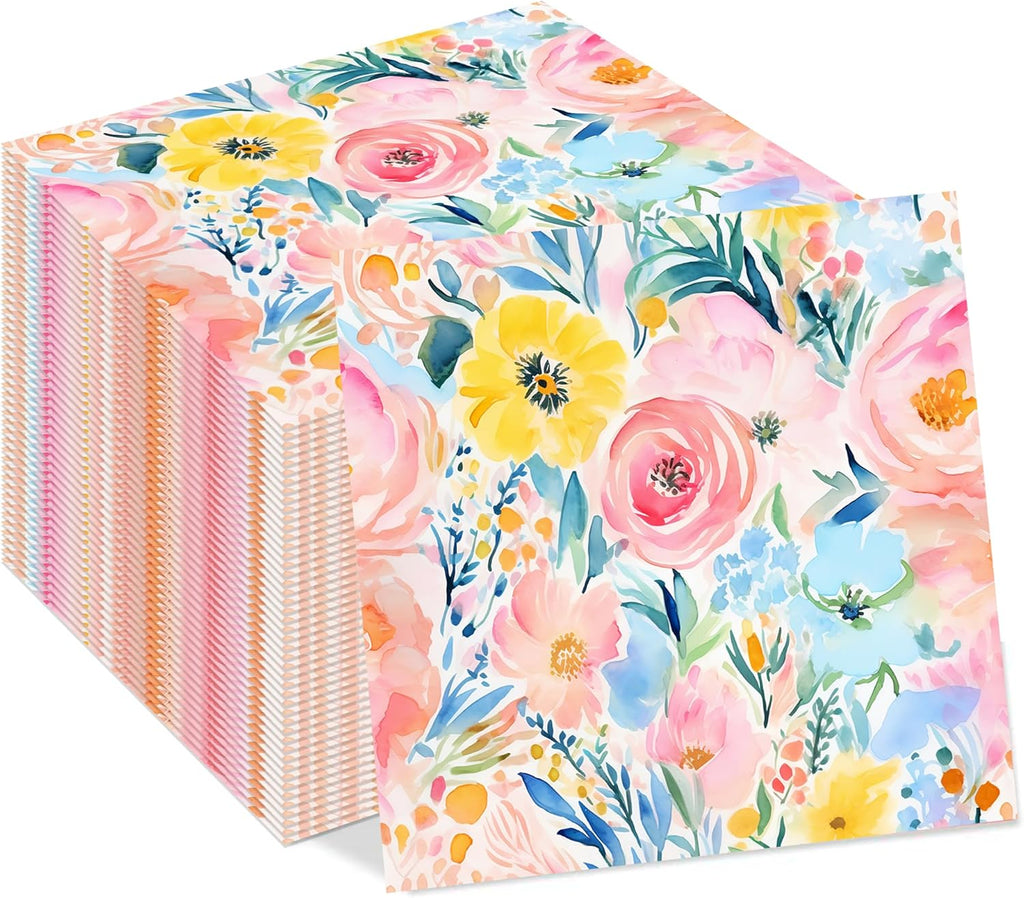 40PCS Floral Paper Napkins, 6.5" x 6.5" Disposable Luncheon Napkins with Watercolor Pink Roses & Yellow Flowers Design for Wedding Receptions, Bridal, Baby Showers, Birthday Parties, Outdoor Picnics
