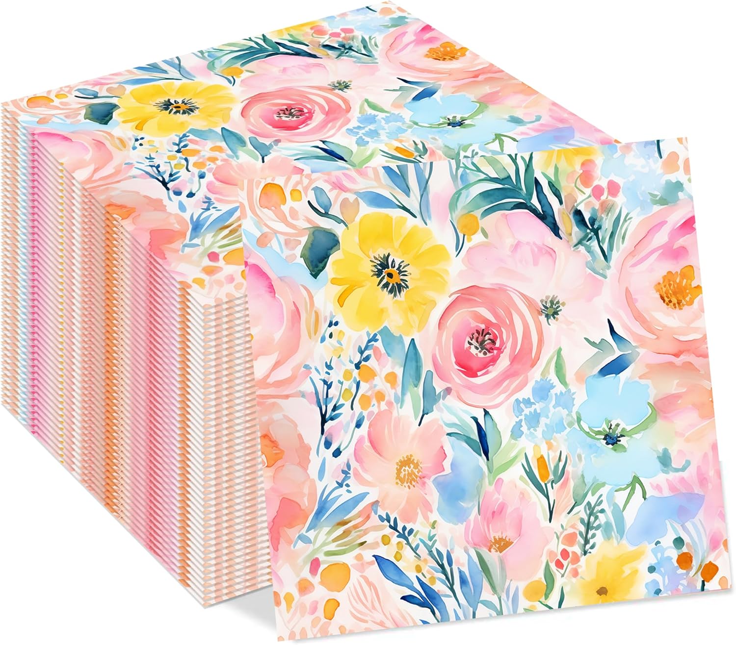40PCS Floral Paper Napkins, 6.5" x 6.5" Disposable Luncheon Napkins with Watercolor Pink Roses & Yellow Flowers Design for Wedding Receptions, Bridal, Baby Showers, Birthday Parties, Outdoor Picnics