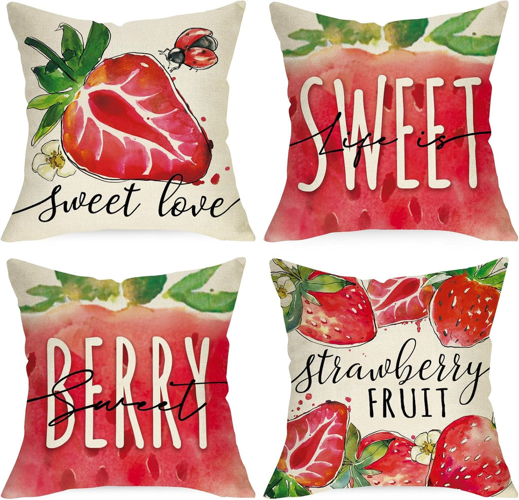 Spring Summer Strawberry Decorative Throw Pillow Covers 20 x 20 Set of 4, Life is Sweet Red Fruit Cushion Case Decor, Sweet Berry Seasonal Home Decoration for Sofa Couch