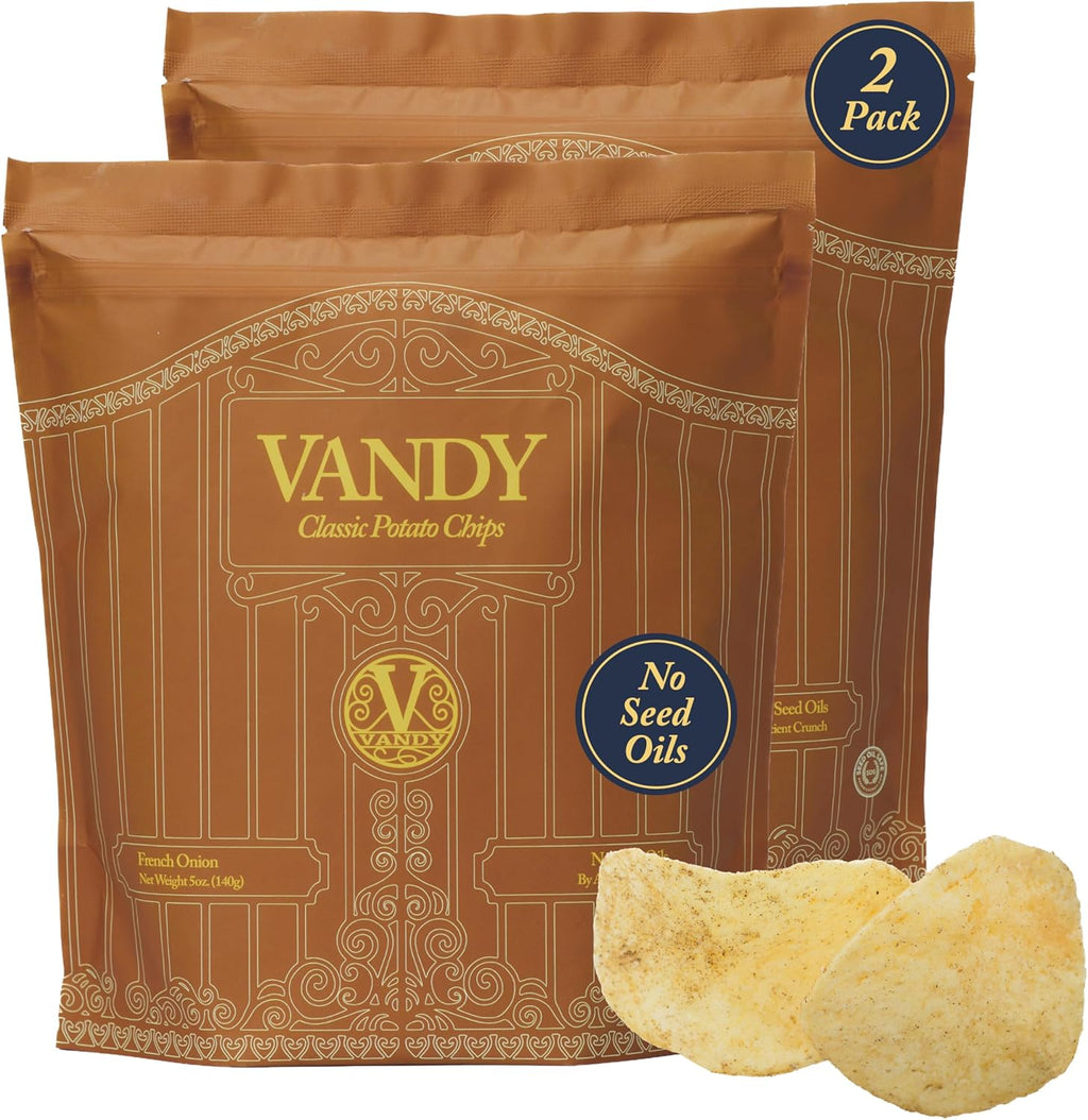 Vandy Crisps Potato Chips - Seed Oil Free Snacks - Gluten Free Potato Chip - Made with Potatoes, Grass-Fed Beef Tallow, Sea Salt, & French Onion Blend - 2 Pack, 5 Ounce Each (French Onion)