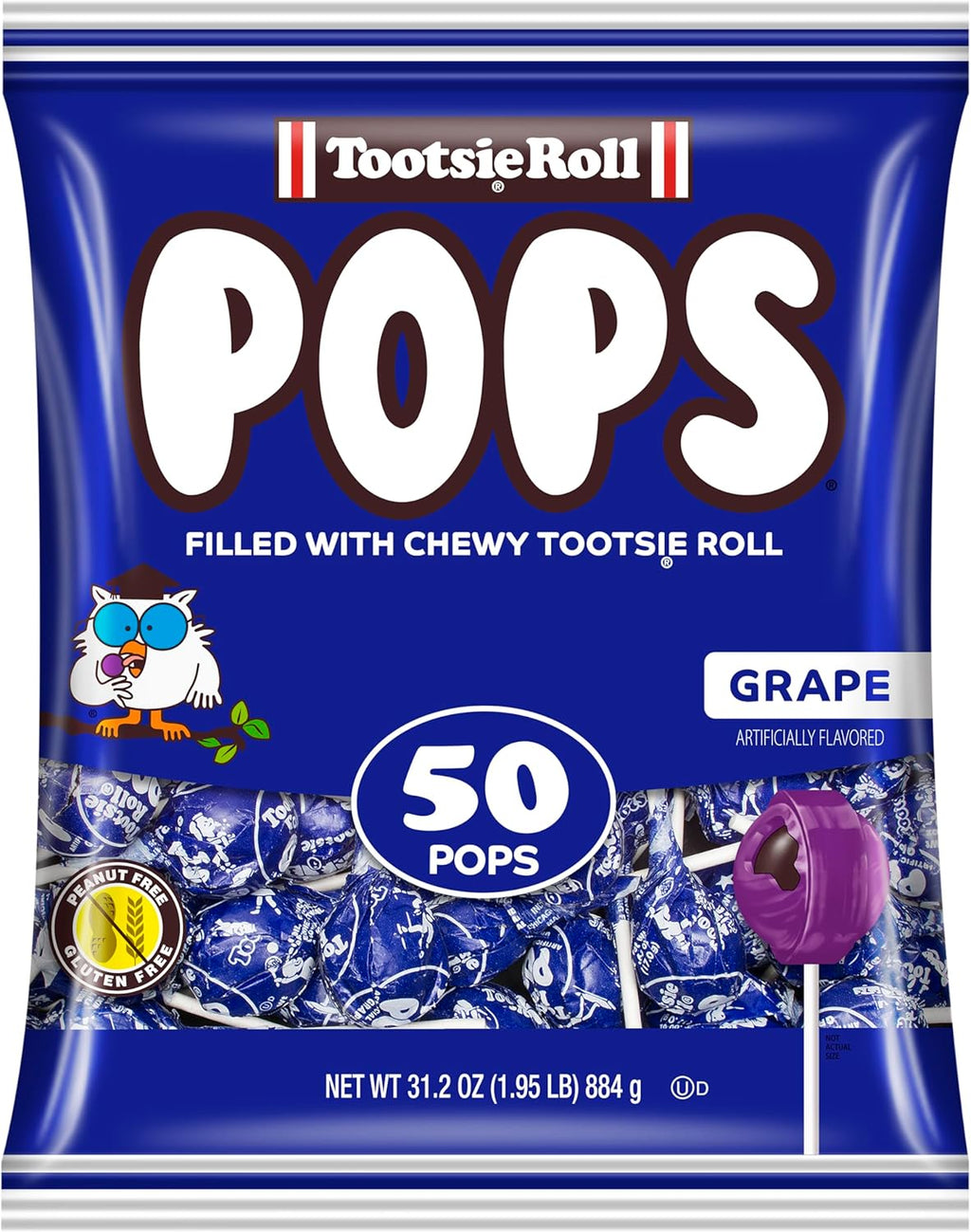 Tootsie Pops Single Flavor Bag - Grape Flavored Lollipops with Chocolatey Center - Individually Wrapped Hard Candy - Blue Candy - Peanut Free, Gluten Free, 50 Count (Pack of 1)
