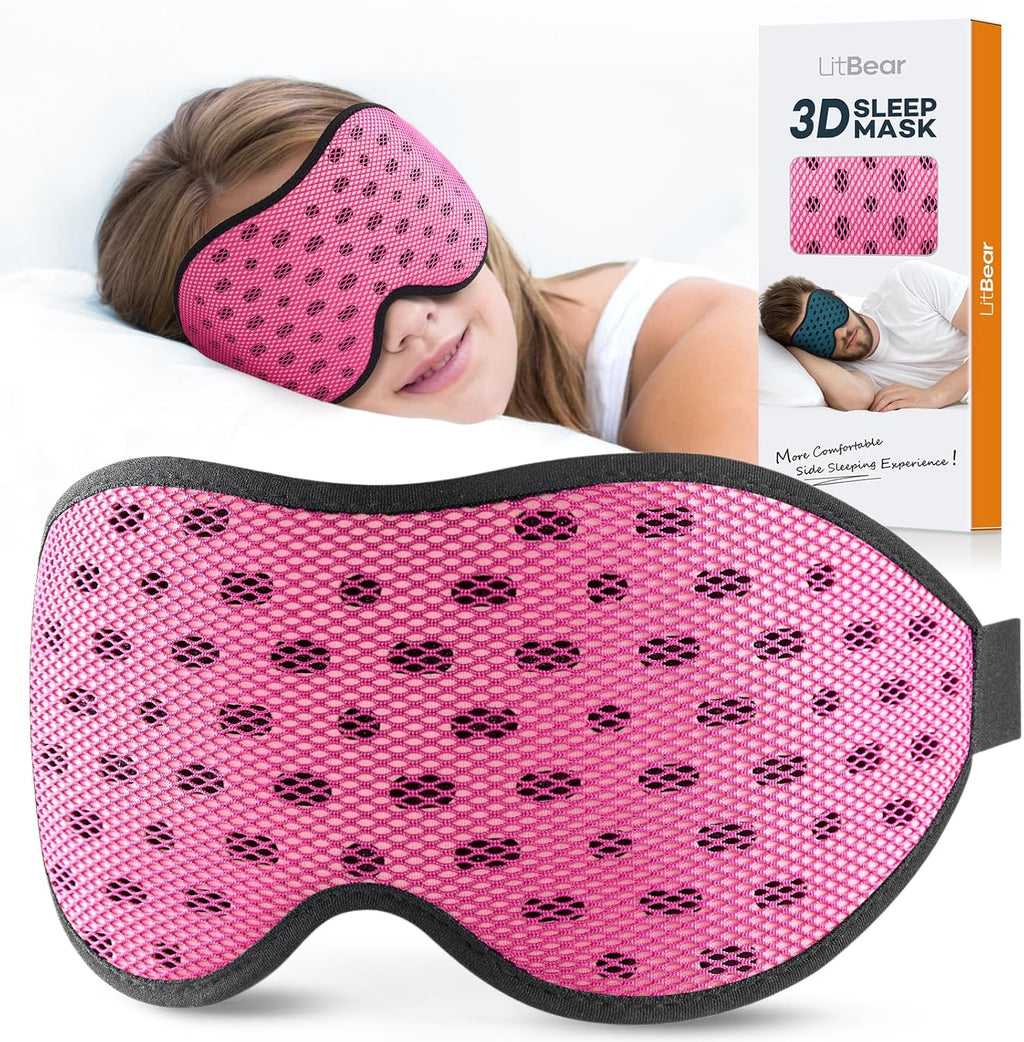 LitBear Breathable Sleep Mask, 3D Eye Mask Sleep for Side Sleepers Women Men, Light Blocking Sleeping Mask with Adjustable Strap, Soft Lightweight Eye Cover for Travel, Night Work, Nap, Office - Pink