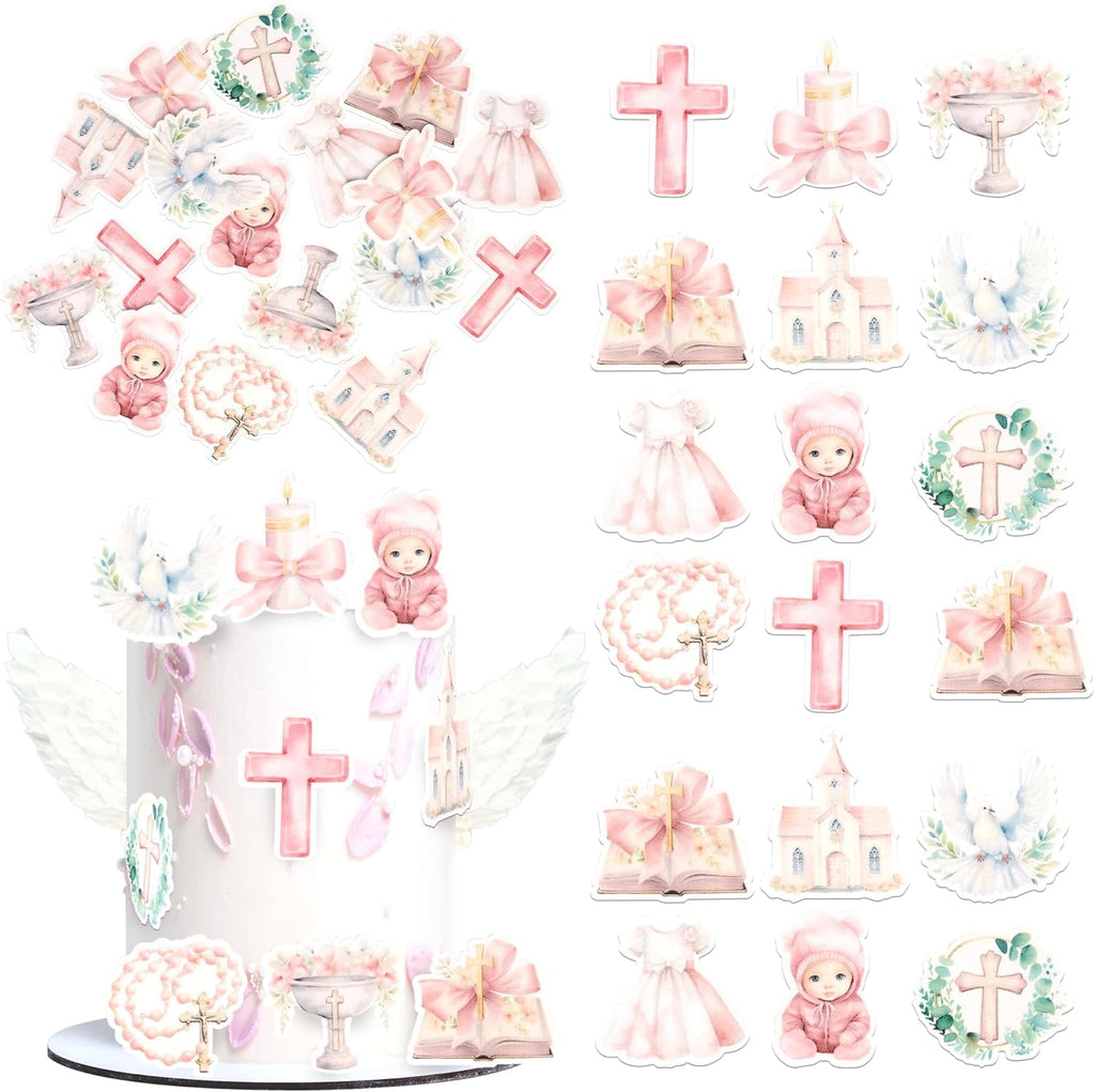 Rsstarxi 60 Pack Edible Baptism Cupcake Toppers Edible Girls God Bless Cake Decorations Christian Cupcake Picks for Religious Baby Shower Girls First Holy Communion Party Cake Decorations Pink