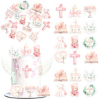 Rsstarxi 60 Pack Edible Baptism Cupcake Toppers Edible Girls God Bless Cake Decorations Christian Cupcake Picks for Religious Baby Shower Girls First Holy Communion Party Cake Decorations Pink