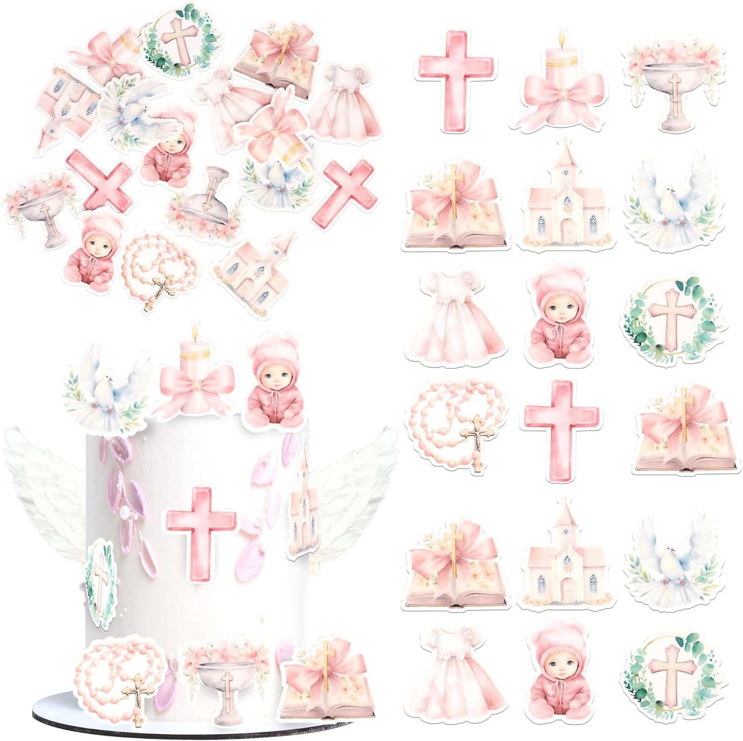 Rsstarxi 60 Pack Edible Baptism Cupcake Toppers Edible Girls God Bless Cake Decorations Christian Cupcake Picks for Religious Baby Shower Girls First Holy Communion Party Cake Decorations Pink