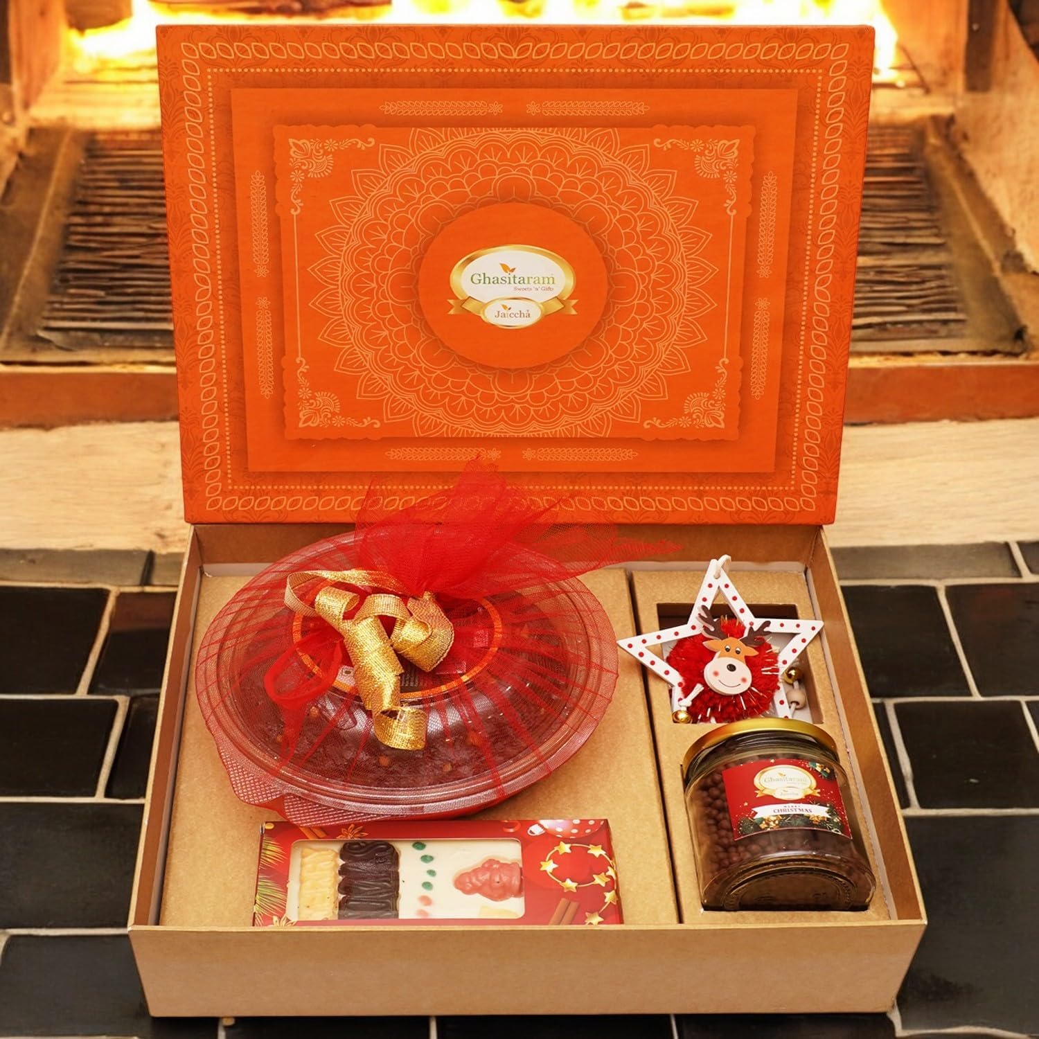 Ghasitaram Gifts Jaiccha Christmas Gifts Orange Hamper box with Plum Cake