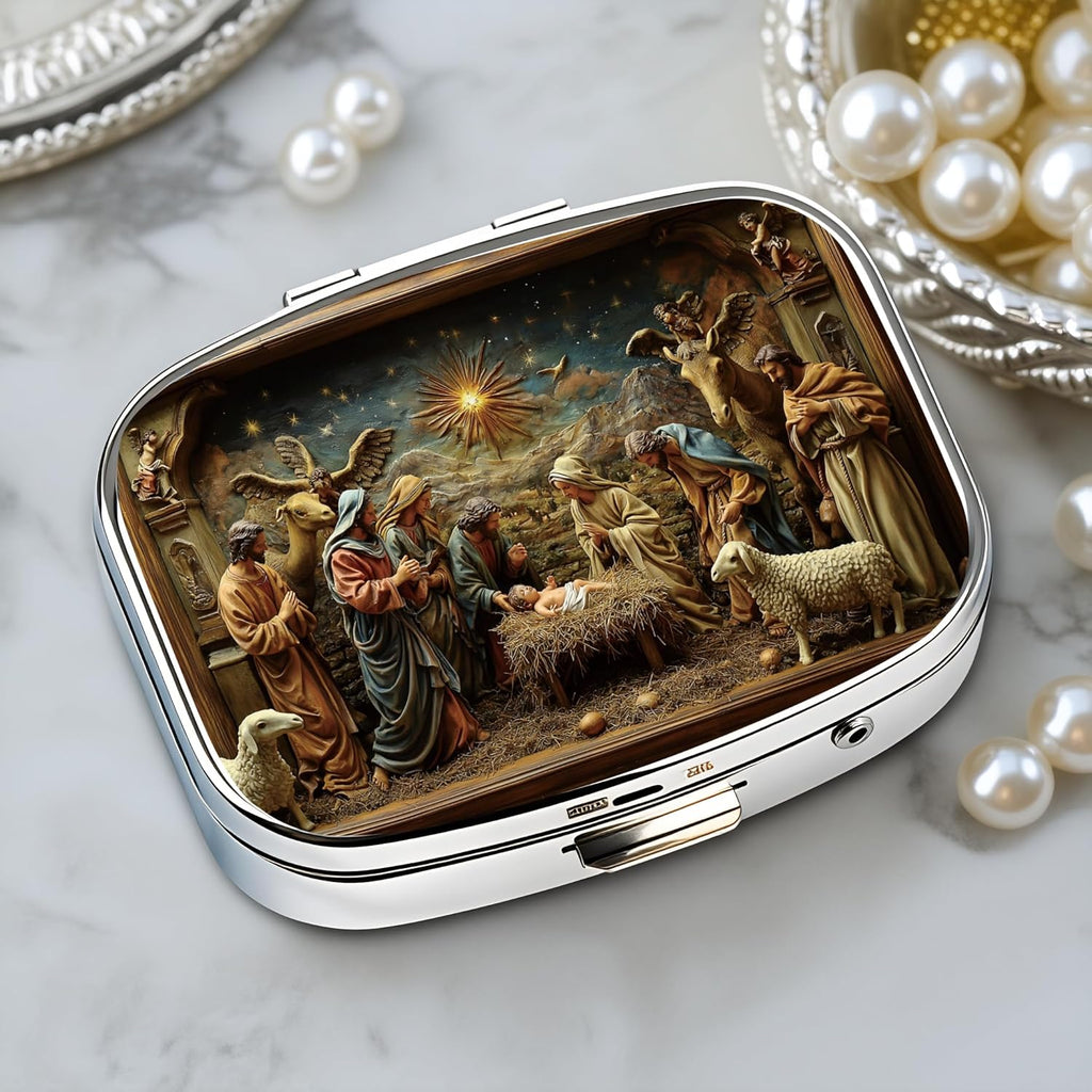 Chic Nativity Scene-Compartment Metal Pill Box – Compact and Stylish Medication Organizer, Food-Safe, Portable for Wallet or Pocket, Perfect for Vitamins and Supplements