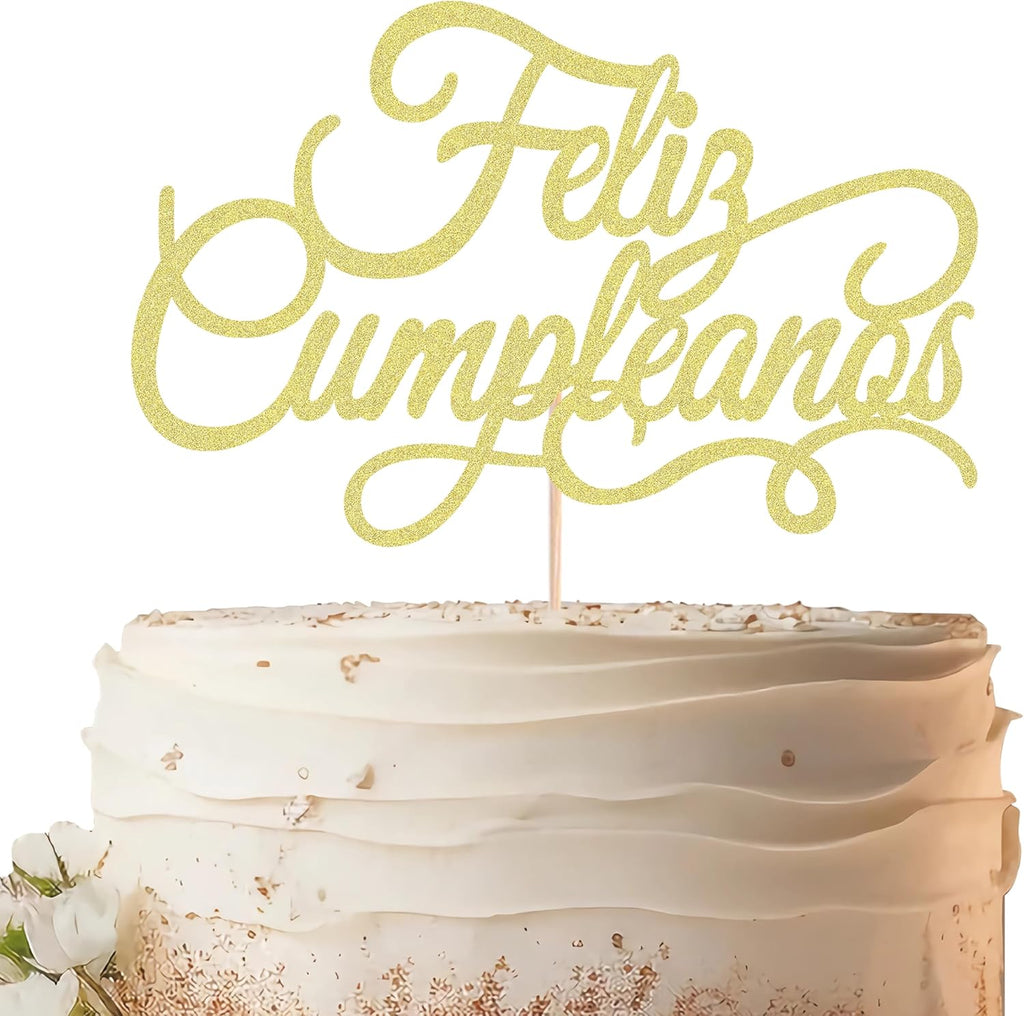 Feliz Cumpleaños Cake Topper - Gold Glitter Spanish Happy Birthday Party Cake Decoration Supplies - Mexico Fiesta Theme Birthday Cake Decor, Photo Booth Props