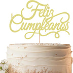 Feliz Cumpleaños Cake Topper - Gold Glitter Spanish Happy Birthday Party Cake Decoration Supplies - Mexico Fiesta Theme Birthday Cake Decor, Photo Booth Props