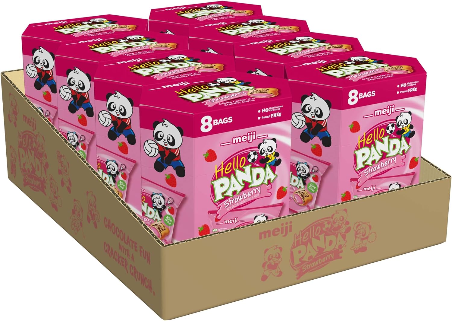 Meiji Hello Panda Cookies, Strawberry Crème Filled - 6 oz, Pack of 8, 64 Bags Total - Bite Sized Cookies with Fun Panda Sports