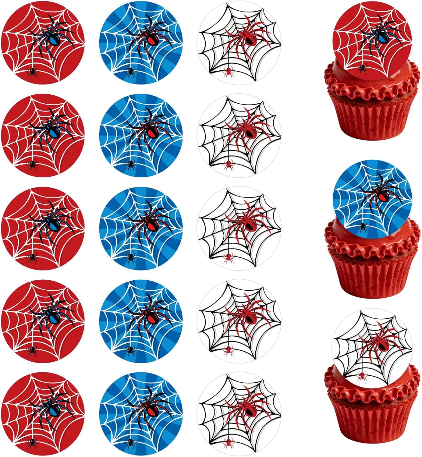 15pcs Edible Spider Edible Cake Topper, 5cm/2in Round Cartoon Theme Spider Birthday Cupcake Decorations Decor Picks for Kids Birthday Celebration Supplies