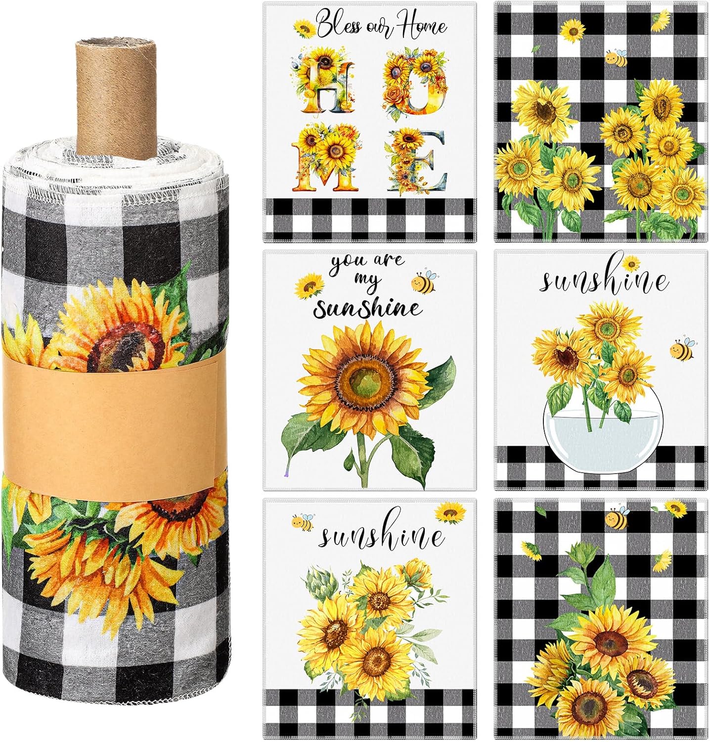 Mindsoft 36 Pcs Spring Sunflower Reusable Paper Towels Rolls Sunshine Washable Bulk Spring Kitchen Towels Paperless Reusable Cloth Cotton Napkins with Cardboard for Kitchen Bathroom Home Decor