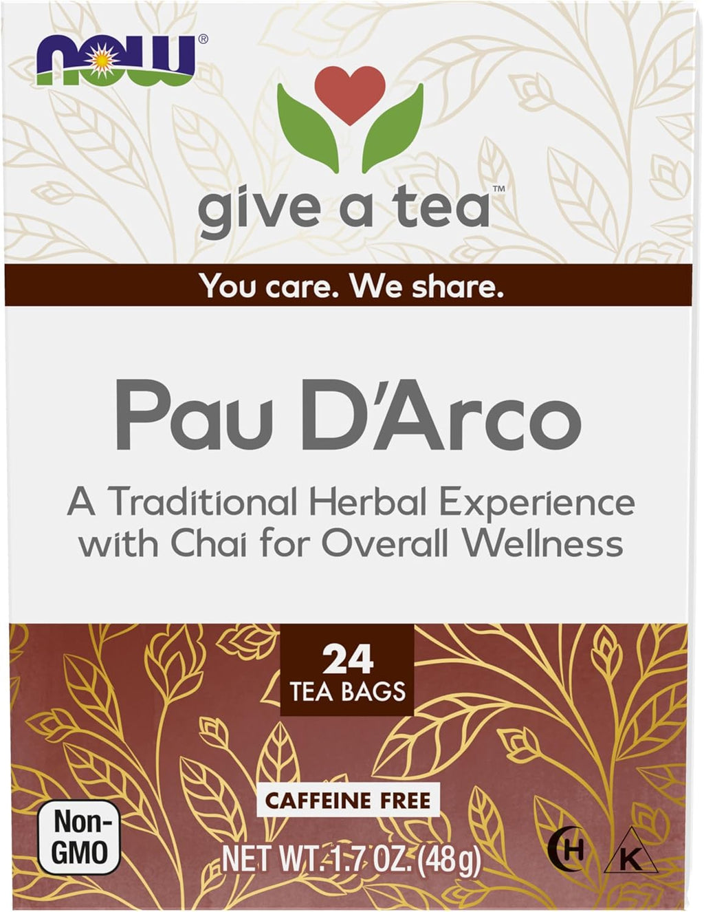 NOW Foods, Pau D'Arco Tea, A Traditional Herbal Experience, Overall Wellness, Premium Unbleached Tea Bags with No-Staples Design, 24-Count