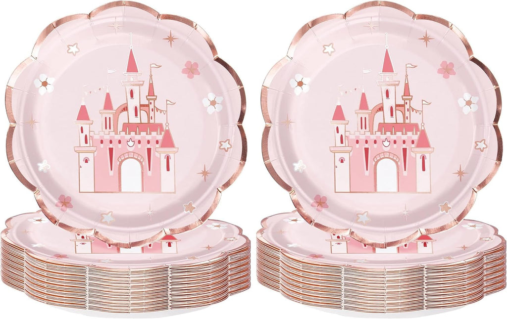 WRAPAHOLIC 25Pcs Castle Paper Plates - 9 Inch Pink Princess Castle Disposable Plates Decorative Dinner Plates for Party Tableware Supplies Table Decor (Pack of 2)