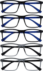 OPULIZE INK Reading Glasses - Value 5 Pack - Large Rectangular Frame - Spring Hinges - Scratch Resistant - Black Grey - Mens Womens +1.00